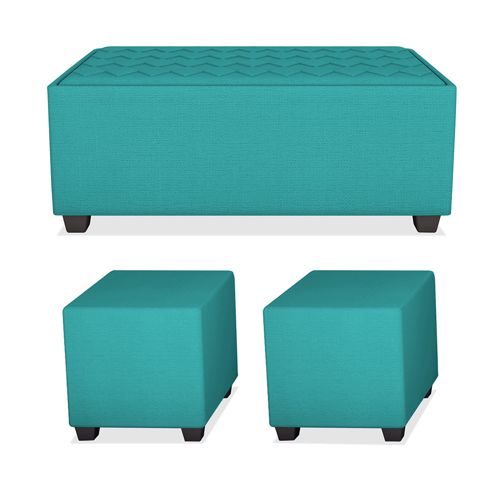Adorn India Darcy L Shape 8 Seater Sofa Set with Center Table and 2 Ottoman Puffy (RHS) (Aqua Blue) (3 Year Warranty)