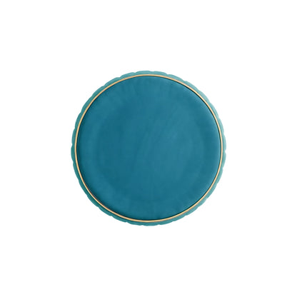 Adorn India Olivia Round 1 Seater Ottoman Pouffe Striped Pattern with Velvet Suede Fabric (Aqua Blue)