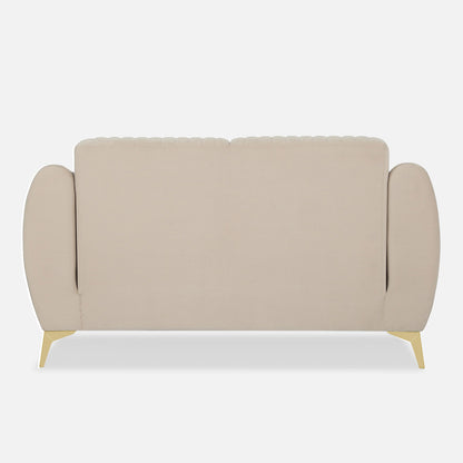 Adorn India Premium Valentino 2 Seater Sofa | Velvet Suede Fabric | 3-Year Warranty | Color Beige with Golden Legs & Striped Pattern Cushion