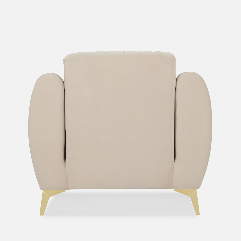 Adorn India Premium Valentino 1 Seater Sofa | Velvet Suede Fabric | 3-Year Warranty | Color Beige with Golden Legs & Striped Pattern Cushion