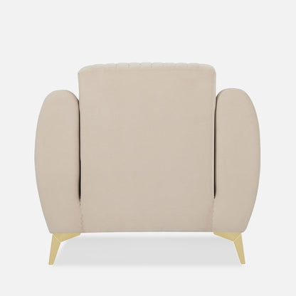 Adorn India Premium Valentino 1 Seater Sofa | Velvet Suede Fabric | 3-Year Warranty | Color Beige with Golden Legs & Striped Pattern Cushion
