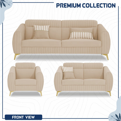Adorn India Premium Valentino 3-2-1 Sofa Set | Velvet Suede Fabric | 3-Year Warranty | Color Beige with Golden Legs & Striped Pattern Cushion