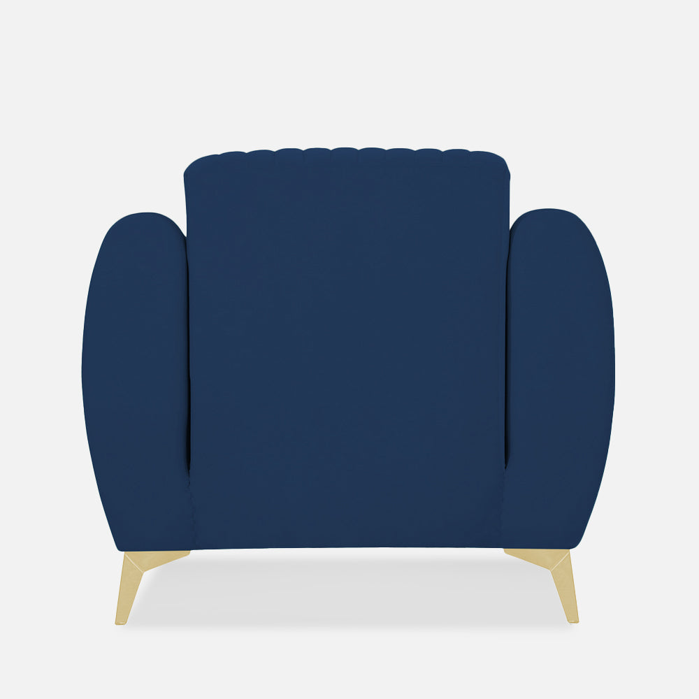 Adorn India Premium Valentino 1 Seater Sofa | Velvet Suede Fabric | 3-Year Warranty | Color Blue with Golden Legs & Striped Pattern Cushion