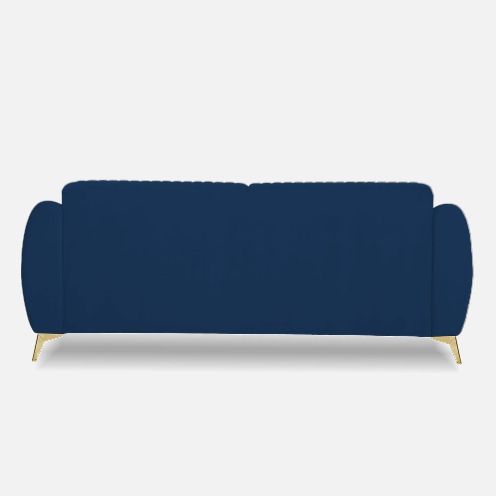 Adorn India Premium Valentino 3 Seater Sofa | Velvet Suede Fabric | 3-Year Warranty | Color Blue with Golden Legs & Striped Pattern Cushion