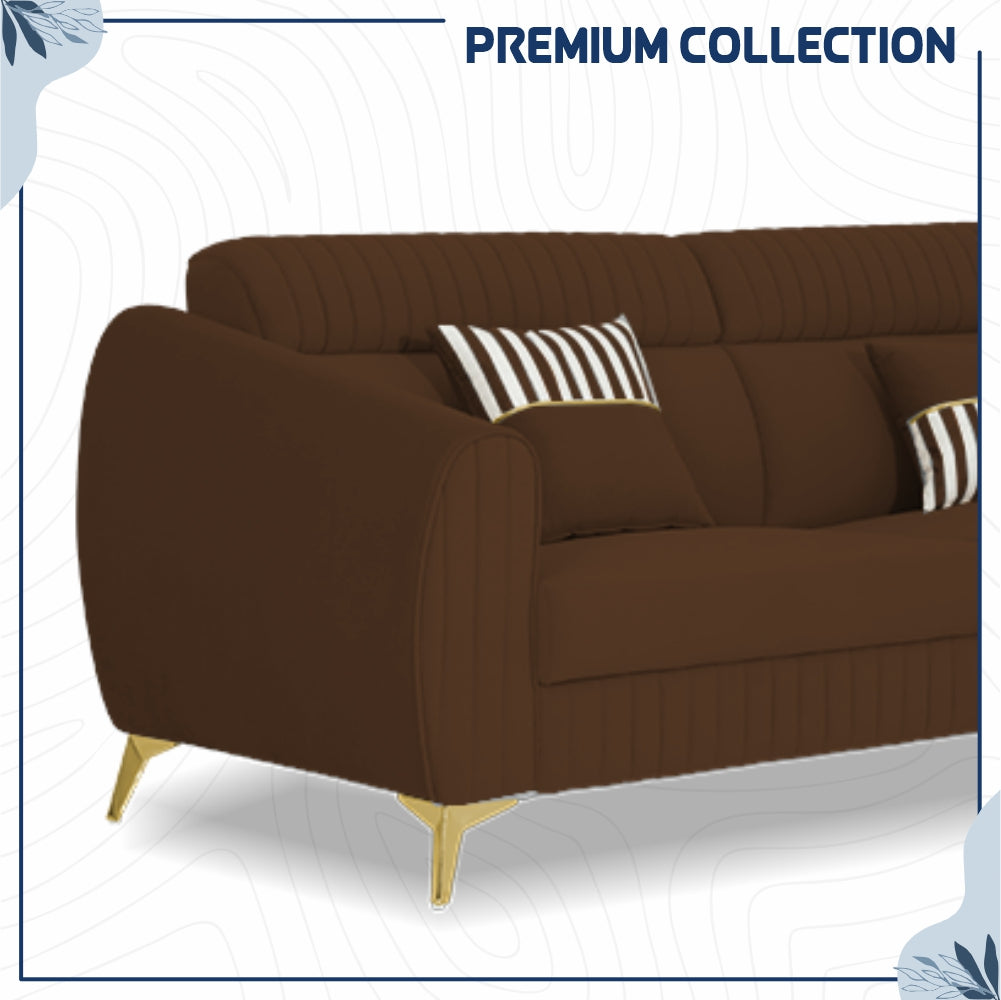 Adorn India Premium Valentino 3-2 Sofa Set | Velvet Suede Fabric | 3-Year Warranty | Color Brown with Golden Legs & Striped Pattern Cushion