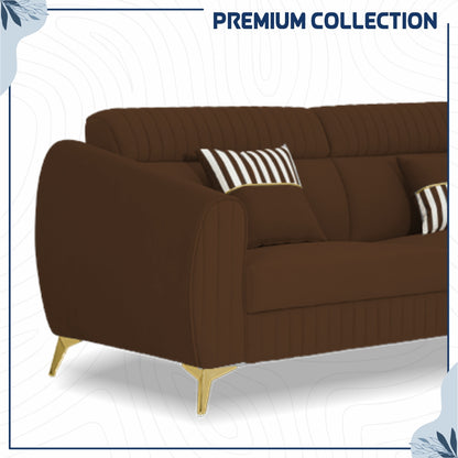 Adorn India Premium Valentino 3-2 Sofa Set | Velvet Suede Fabric | 3-Year Warranty | Color Brown with Golden Legs & Striped Pattern Cushion