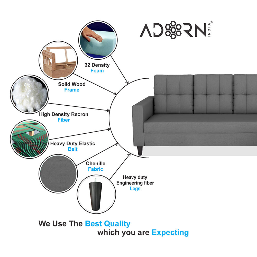Adorn India Darcy L Shape 8 Seater Sofa Set with Center Table and 2 Ottoman Puffy (RHS) (Grey) (3 Year Warranty)