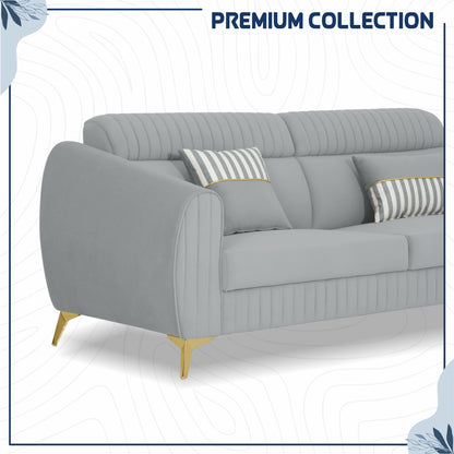 Adorn India Premium Valentino 3-2 Sofa Set | Velvet Suede Fabric | 3-Year Warranty | Color Grey with Golden Legs & Striped Pattern Cushion