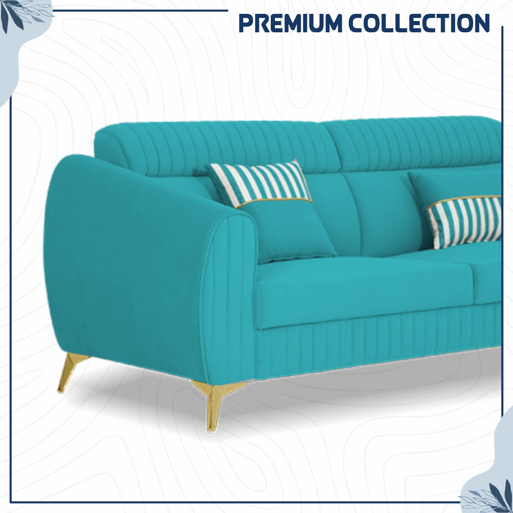 Adorn India Premium Valentino 3-1-1 Sofa Set | Velvet Suede Fabric | 3-Year Warranty | Color Aqua Blue with Golden Legs & Striped Pattern Cushion