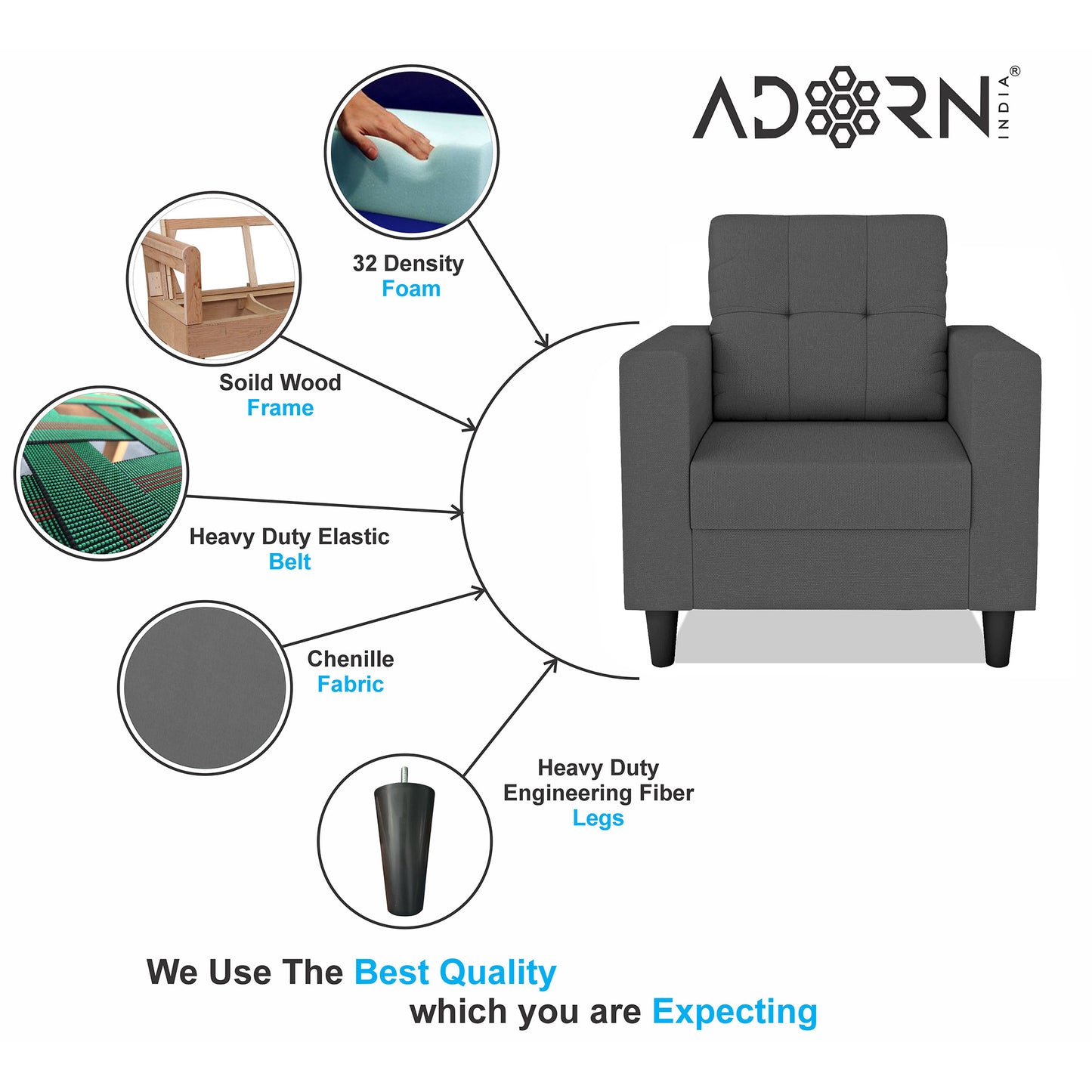 Adorn India Darcy 1 Seater Sofa (Beige) (3 Year Warranty)