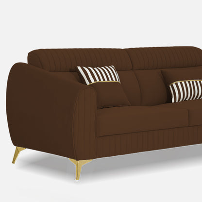 Adorn India Premium Valentino 3 Seater Sofa | Velvet Suede Fabric | 3-Year Warranty | Color Brown with Golden Legs & Striped Pattern Cushion