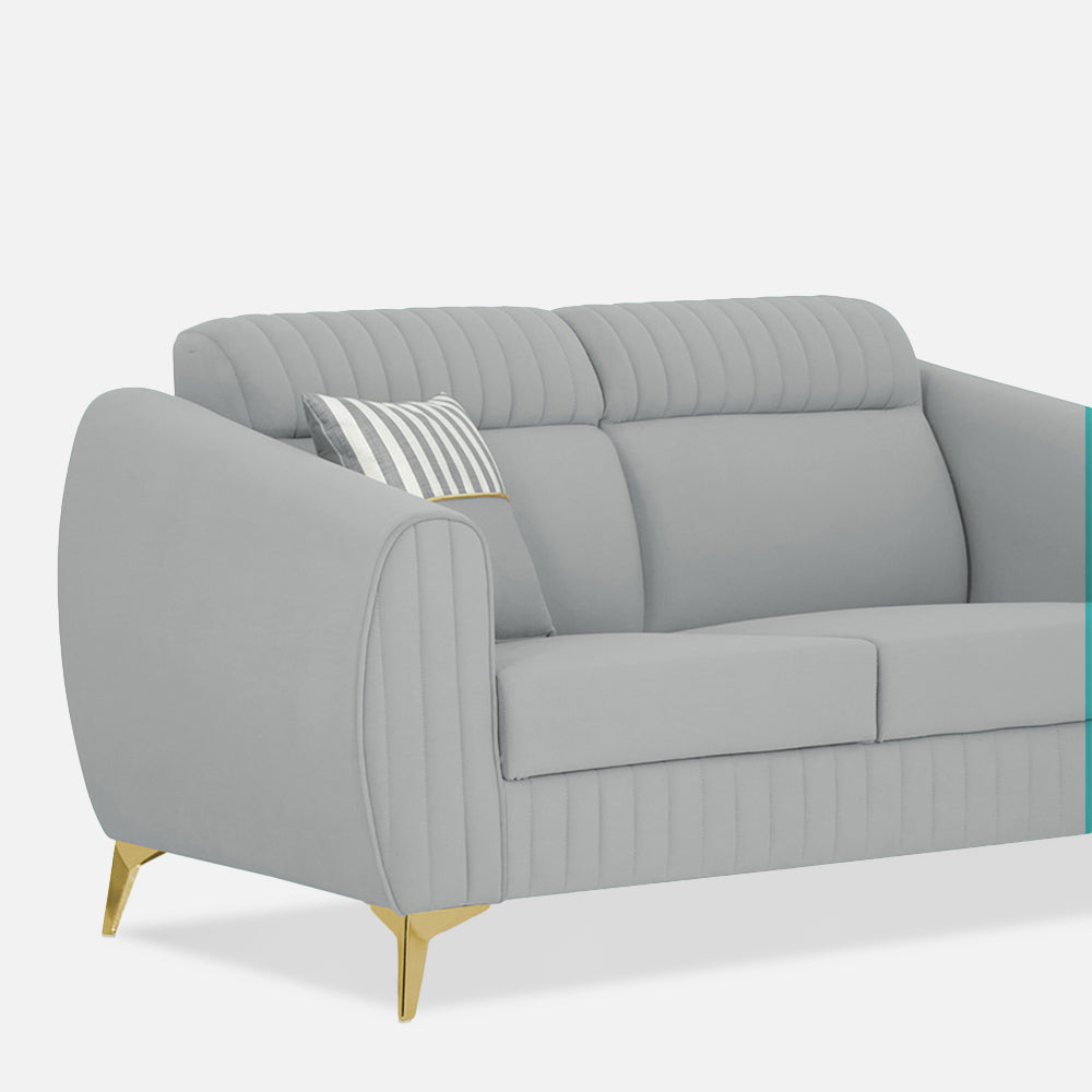Adorn India Premium Valentino 2 Seater Sofa | Velvet Suede Fabric | 3-Year Warranty | Color Grey with Golden Legs & Striped Pattern Cushion