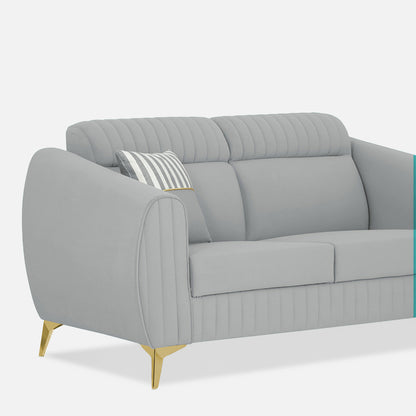 Adorn India Premium Valentino 2 Seater Sofa | Velvet Suede Fabric | 3-Year Warranty | Color Grey with Golden Legs & Striped Pattern Cushion