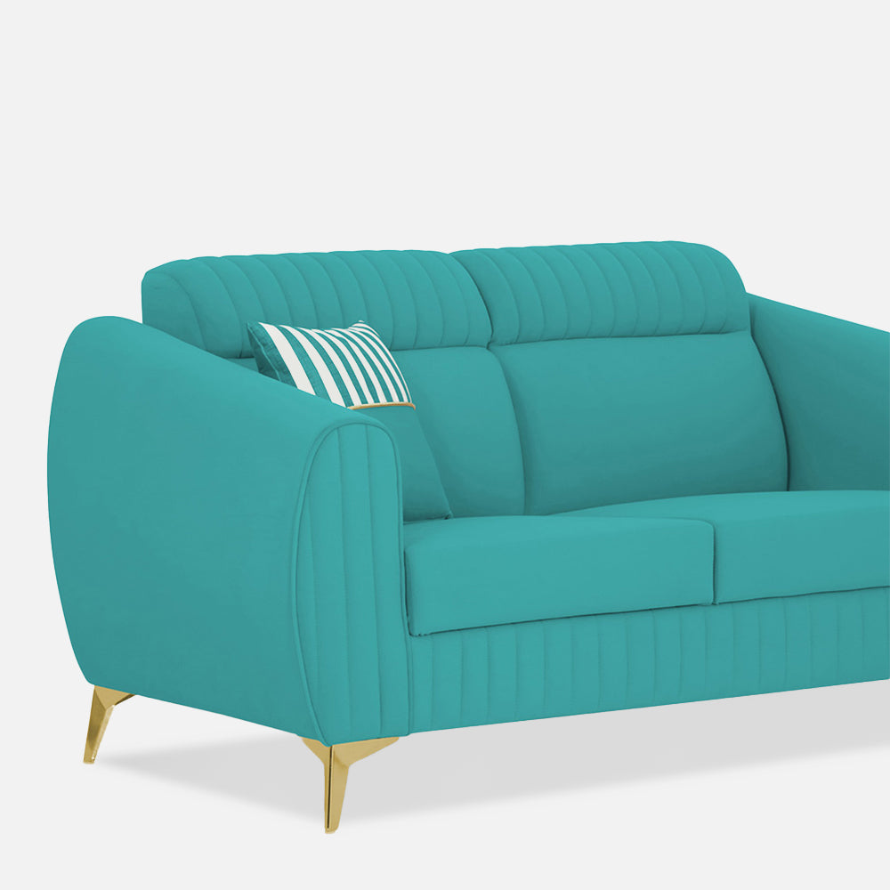 Adorn India Premium Valentino 2 Seater Sofa | Velvet Suede Fabric | 3-Year Warranty | Color Aqua Blue with Golden Legs & Striped Pattern Cushion