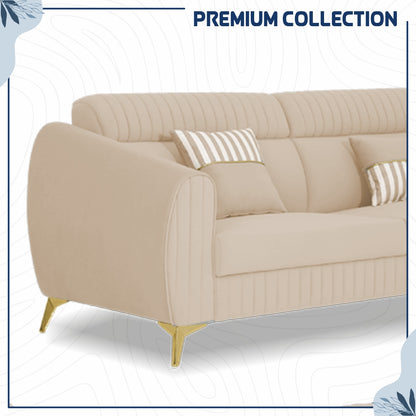 Adorn India Premium Valentino 3-2 Sofa Set | Velvet Suede Fabric | 3-Year Warranty | Color Beige with Golden Legs & Striped Pattern Cushion