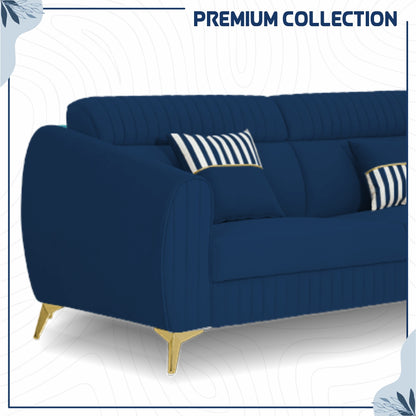Adorn India Premium Valentino 3-1-1 Sofa Set | Velvet Suede Fabric | 3-Year Warranty | Color Blue with Golden Legs & Striped Pattern Cushion