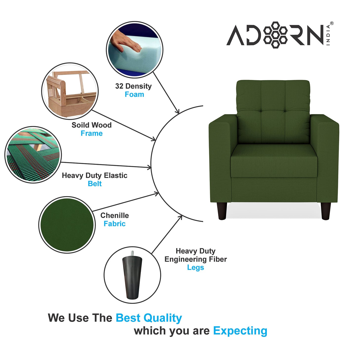 Adorn India Darcy 1 Seater Sofa (Beige) (3 Year Warranty)