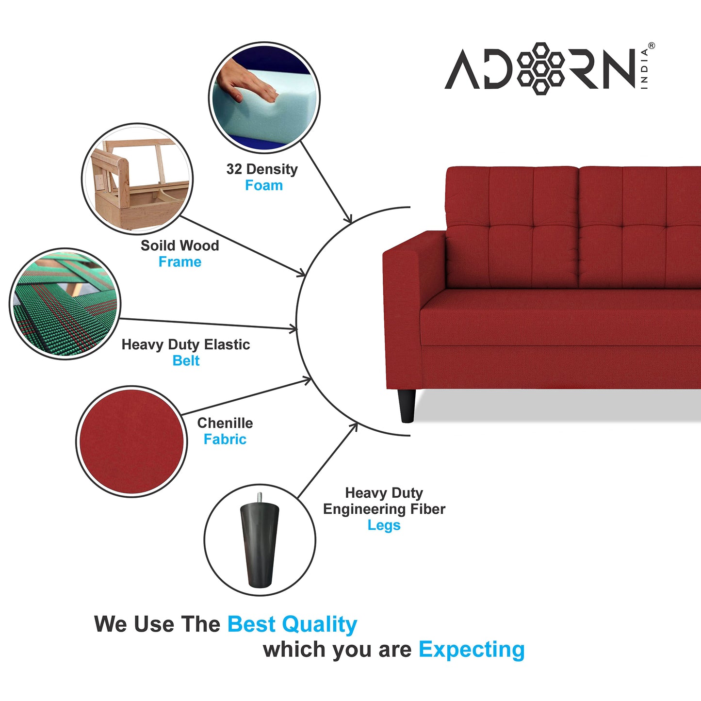Adorn India Darcy 3 Seater Sofa (Beige) (3 Year Warranty)