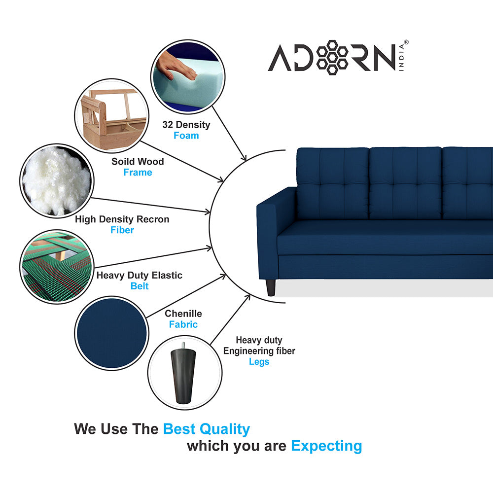 Adorn India Darcy L Shape 8 Seater Sofa Set with Center Table and 2 Ottoman Puffy (LHS) (Blue) (3 Year Warranty)