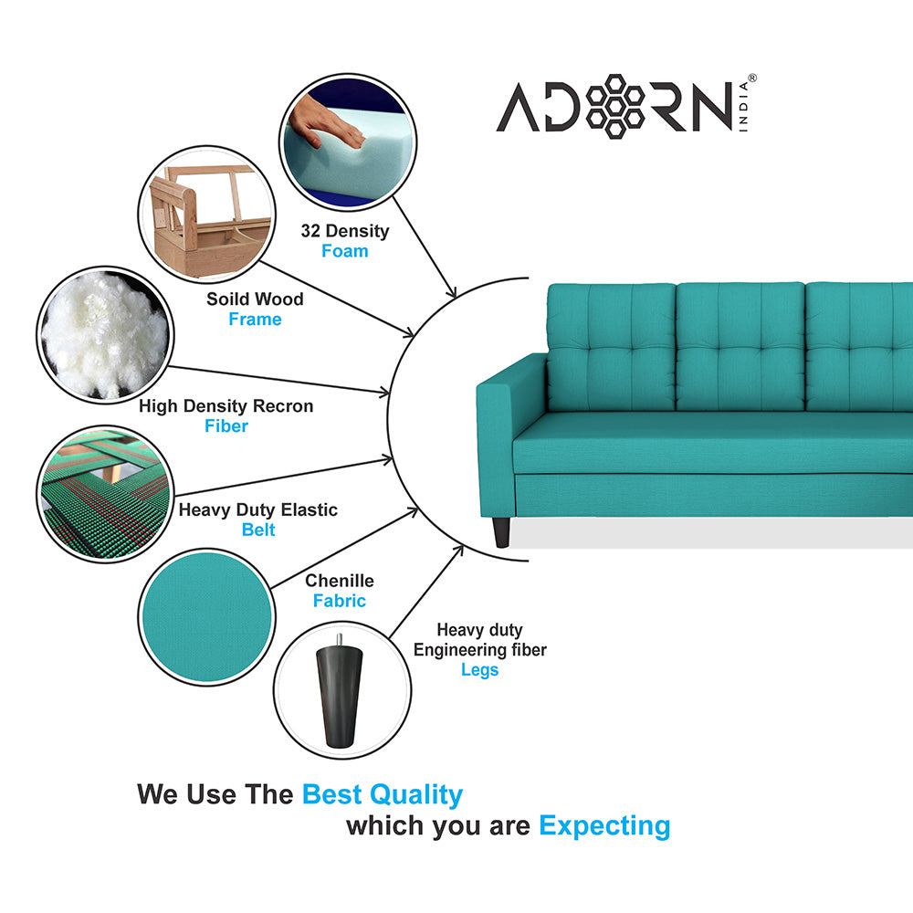 Adorn India Darcy L Shape 8 Seater Sofa Set with Center Table and 2 Ottoman Puffy (RHS) (Aqua Blue) (3 Year Warranty)