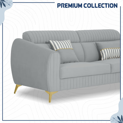 Adorn India Premium Valentino 3-1-1 Sofa Set | Velvet Suede Fabric | 3-Year Warranty | Color Grey with Golden Legs & Striped Pattern Cushion