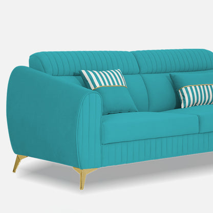 Adorn India Premium Valentino 3 Seater Sofa | Velvet Suede Fabric | 3-Year Warranty | Color Aqua Blue with Golden Legs & Striped Pattern Cushion