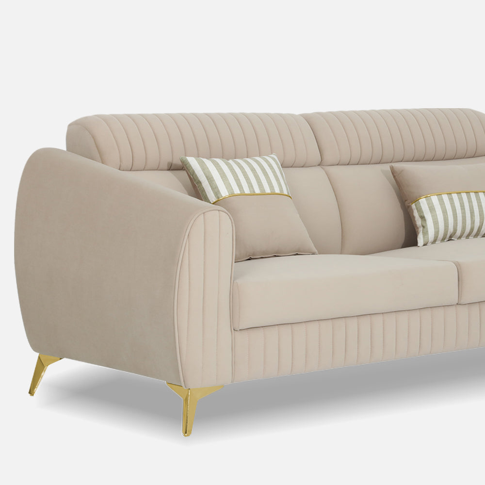 Adorn India Premium Valentino 3 Seater Sofa | Velvet Suede Fabric | 3-Year Warranty | Color Beige with Golden Legs & Striped Pattern Cushion