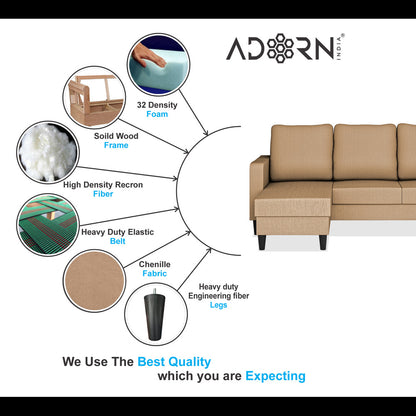 Adorn India Chandler Plain L Shape 6 Seater Sofa Set Lhs (Beige) (3 Year Warranty)