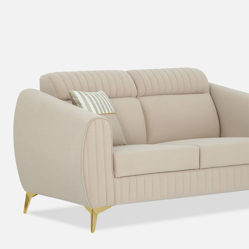 Adorn India Premium Valentino 2 Seater Sofa | Velvet Suede Fabric | 3-Year Warranty | Color Beige with Golden Legs & Striped Pattern Cushion