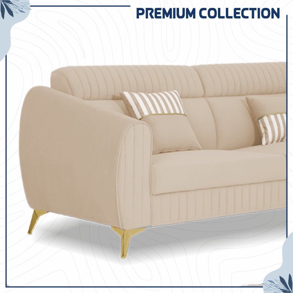 Adorn India Premium Valentino 3-1-1 Sofa Set | Velvet Suede Fabric | 3-Year Warranty | Color Beige with Golden Legs & Striped Pattern Cushion