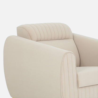 Adorn India Premium Valentino 1 Seater Sofa | Velvet Suede Fabric | 3-Year Warranty | Color Beige with Golden Legs & Striped Pattern Cushion
