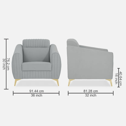 Adorn India Premium Valentino 1 Seater Sofa | Velvet Suede Fabric | 3-Year Warranty | Color Grey with Golden Legs & Striped Pattern Cushion