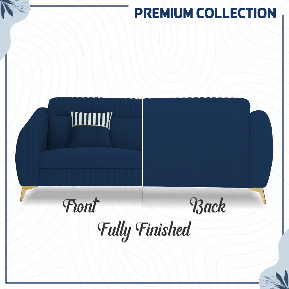 Adorn India Premium Valentino 3-2-1 Sofa Set | Velvet Suede Fabric | 3-Year Warranty | Color Blue with Golden Legs & Striped Pattern Cushion