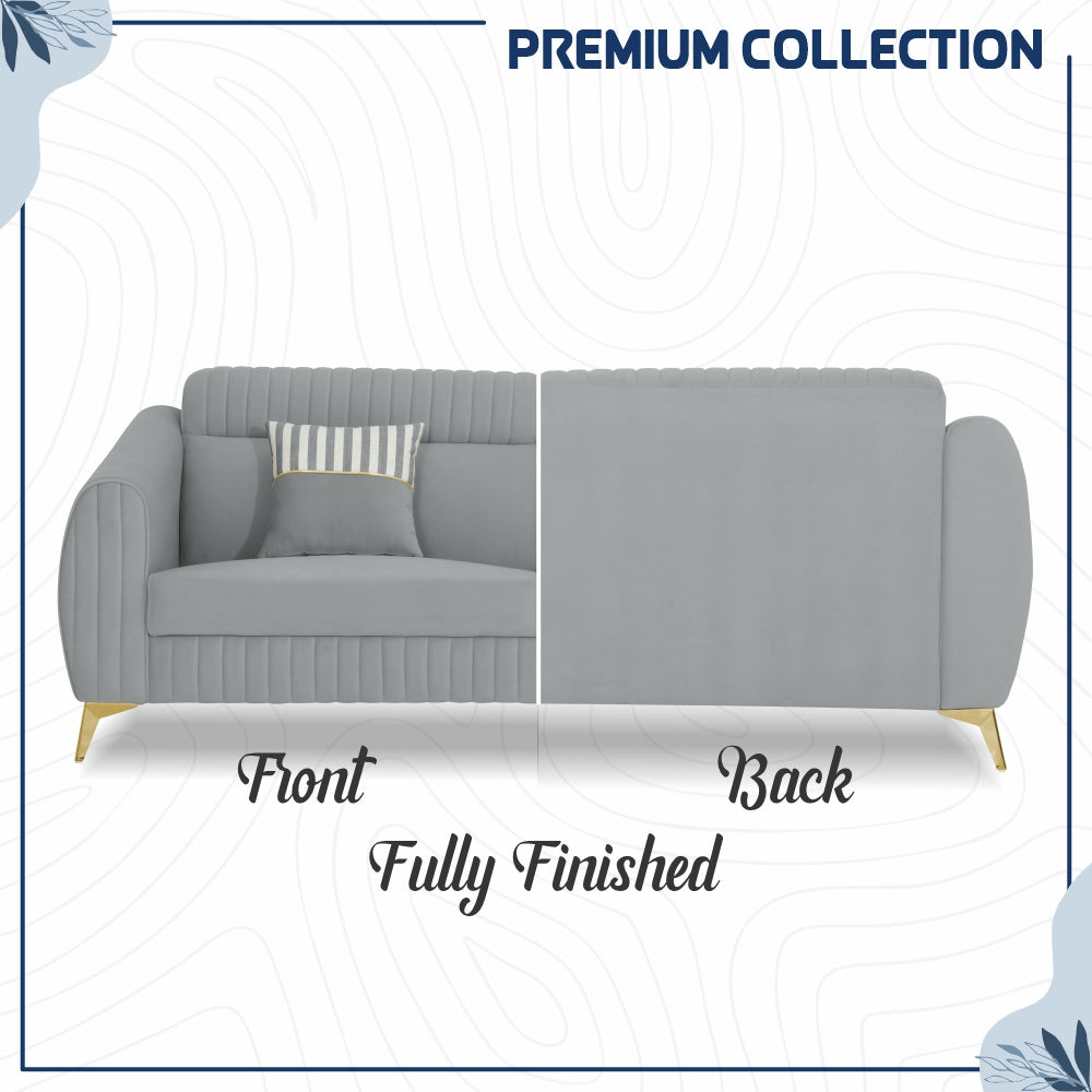Adorn India Premium Valentino 3-2-1 Sofa Set | Velvet Suede Fabric | 3-Year Warranty | Color Grey with Golden Legs & Striped Pattern Cushion