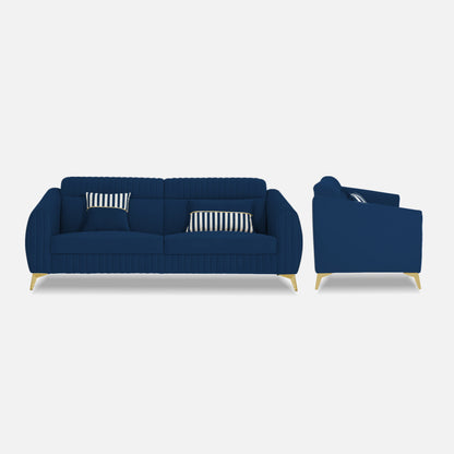 Adorn India Premium Valentino 3 Seater Sofa | Velvet Suede Fabric | 3-Year Warranty | Color Blue with Golden Legs & Striped Pattern Cushion