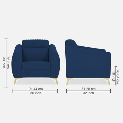 Adorn India Premium Valentino 1 Seater Sofa | Velvet Suede Fabric | 3-Year Warranty | Color Blue with Golden Legs & Striped Pattern Cushion