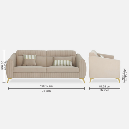 Adorn India Premium Valentino 3 Seater Sofa | Velvet Suede Fabric | 3-Year Warranty | Color Beige with Golden Legs & Striped Pattern Cushion