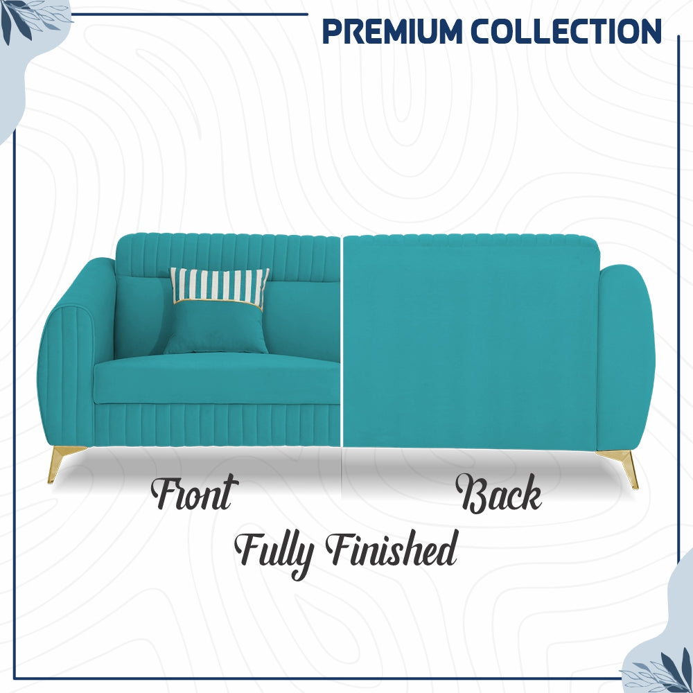 Adorn India Premium Valentino 3-2-1 Sofa Set | Velvet Suede Fabric | 3-Year Warranty | Color Aqua Blue with Golden Legs & Striped Pattern Cushion
