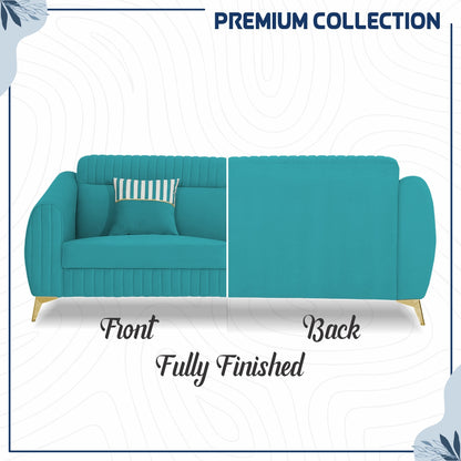 Adorn India Premium Valentino 3-2-1 Sofa Set | Velvet Suede Fabric | 3-Year Warranty | Color Aqua Blue with Golden Legs & Striped Pattern Cushion