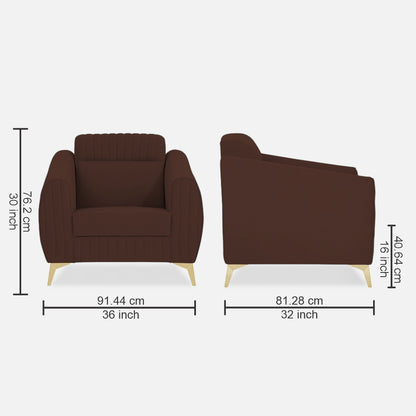 Adorn India Premium Valentino 1 Seater Sofa | Velvet Suede Fabric | 3-Year Warranty | Color Brown with Golden Legs & Striped Pattern Cushion