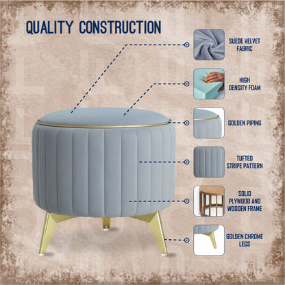 Adorn India Olivia Round 1 Seater Ottoman Pouffe Striped Pattern with Velvet Suede Fabric (Grey)