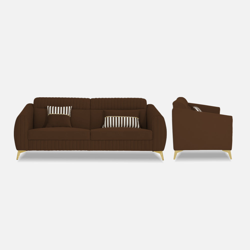 Adorn India Premium Valentino 3 Seater Sofa | Velvet Suede Fabric | 3-Year Warranty | Color Brown with Golden Legs & Striped Pattern Cushion