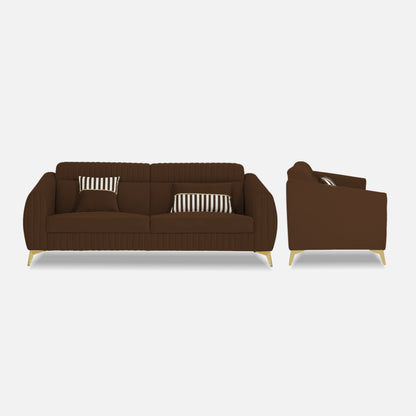 Adorn India Premium Valentino 3 Seater Sofa | Velvet Suede Fabric | 3-Year Warranty | Color Brown with Golden Legs & Striped Pattern Cushion