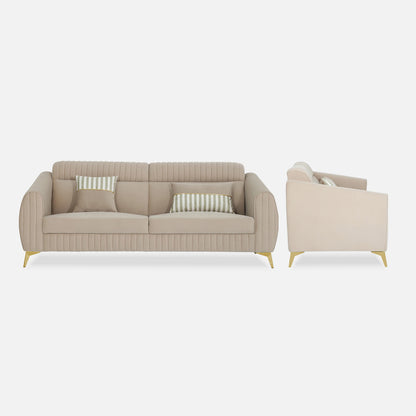 Adorn India Premium Valentino 3 Seater Sofa | Velvet Suede Fabric | 3-Year Warranty | Color Beige with Golden Legs & Striped Pattern Cushion