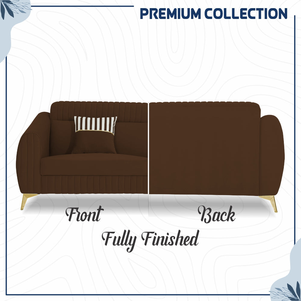 Adorn India Premium Valentino 3-2-1 Sofa Set | Velvet Suede Fabric | 3-Year Warranty | Color Brown with Golden Legs & Striped Pattern Cushion