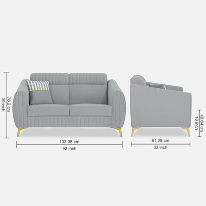 Adorn India Premium Valentino 2 Seater Sofa | Velvet Suede Fabric | 3-Year Warranty | Color Grey with Golden Legs & Striped Pattern Cushion
