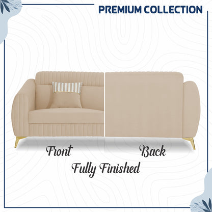 Adorn India Premium Valentino 3-1-1 Sofa Set | Velvet Suede Fabric | 3-Year Warranty | Color Beige with Golden Legs & Striped Pattern Cushion