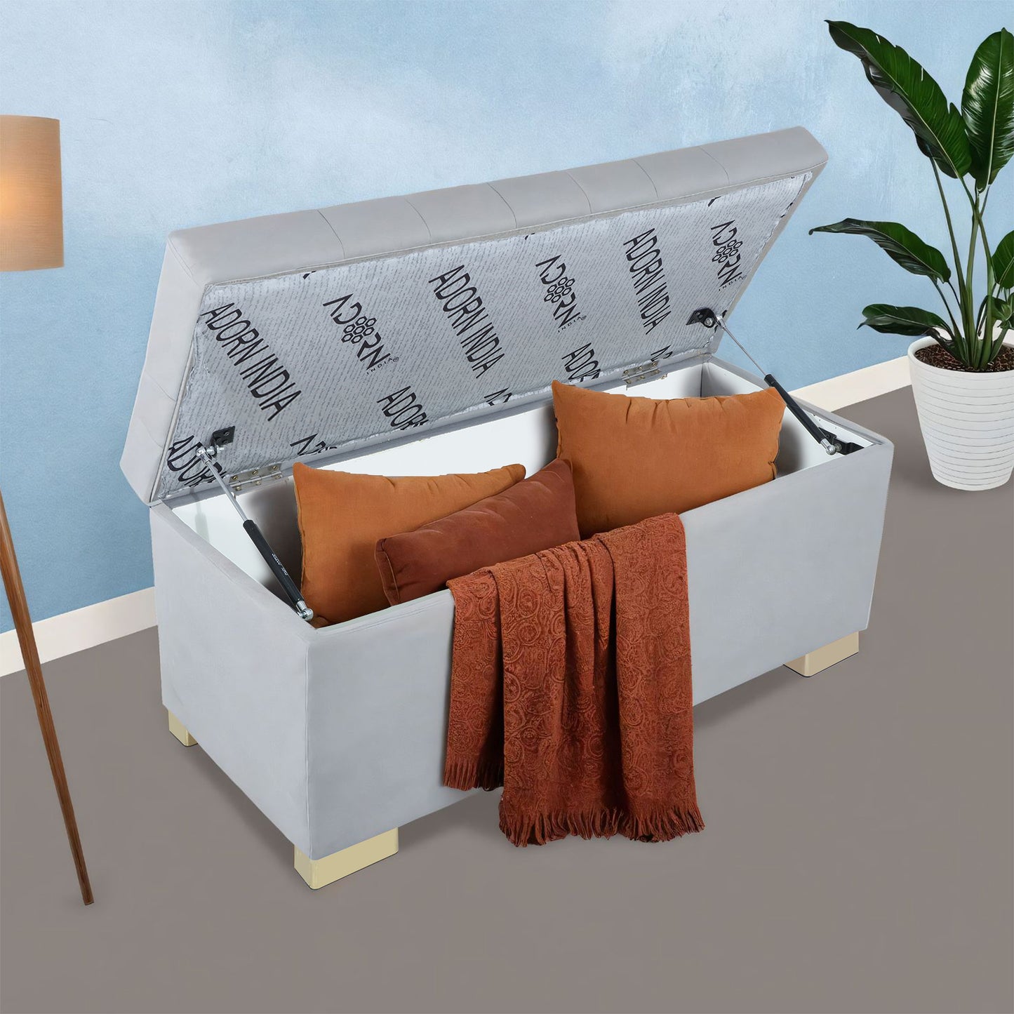 Adorn India Falcon Tufted 2 Seater Storage Ottoman Pouffe with Velvet Suede Fabric (Grey)