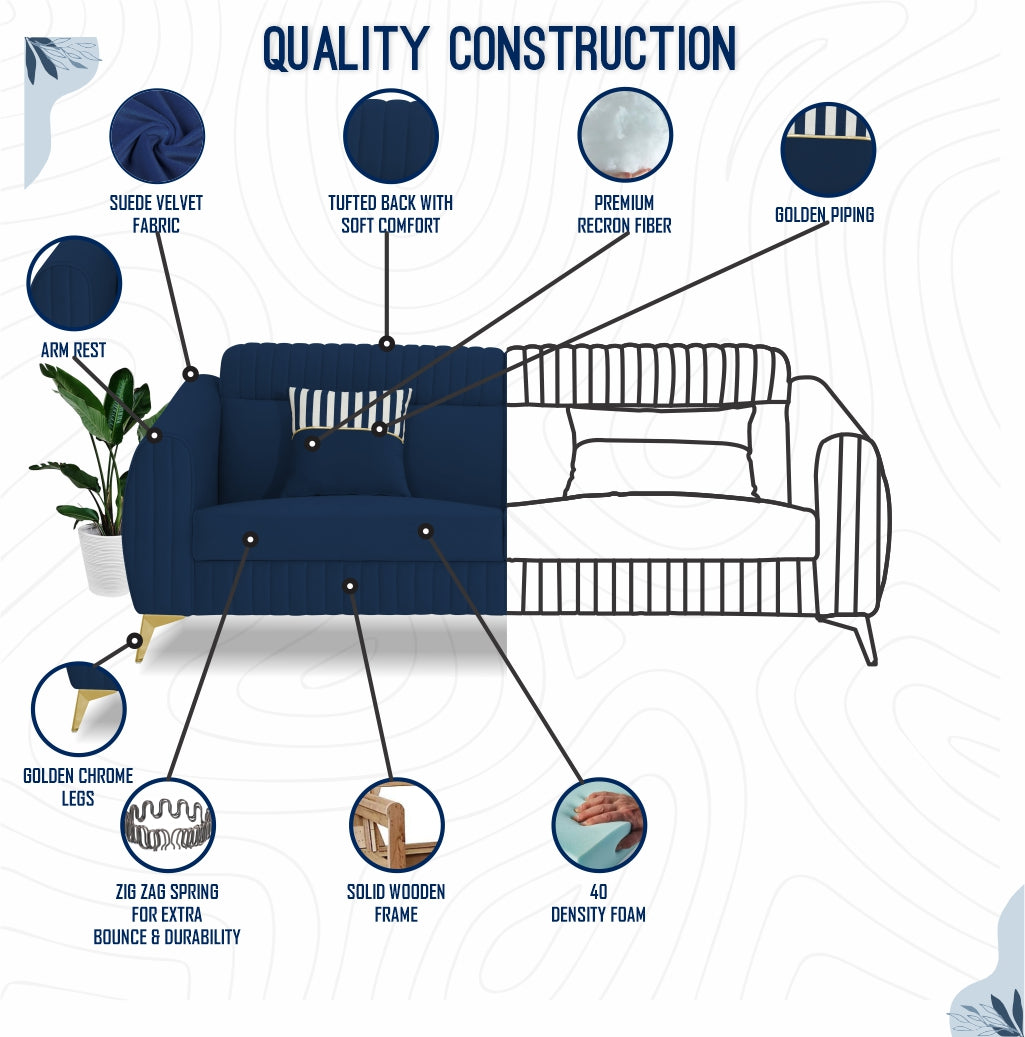 Adorn India Premium Valentino 3-1-1 Sofa Set | Velvet Suede Fabric | 3-Year Warranty | Color Blue with Golden Legs & Striped Pattern Cushion