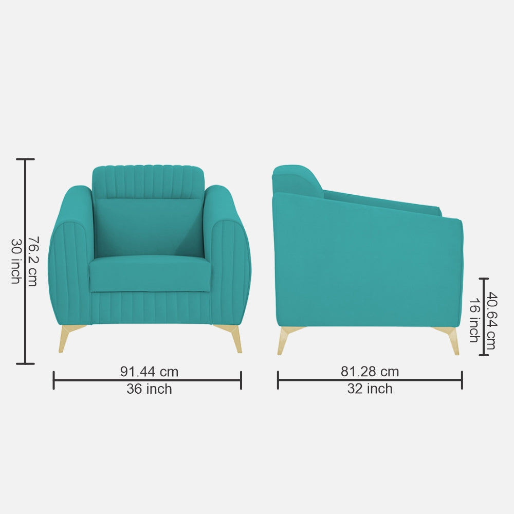 Adorn India Premium Valentino 1 Seater Sofa | Velvet Suede Fabric | 3-Year Warranty | Color Aqua Blue with Golden Legs & Striped Pattern Cushion